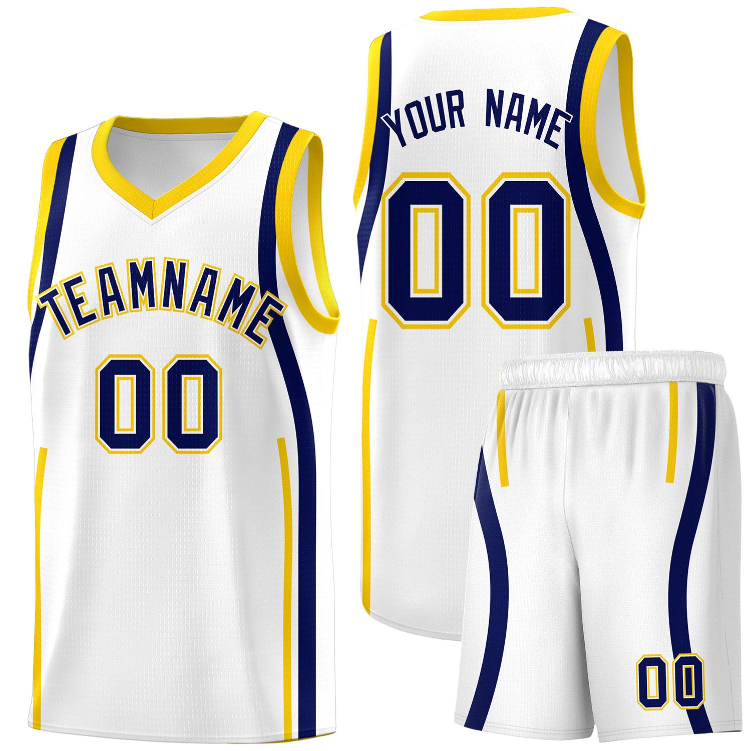 Custom White Navy-Gold Ribbon Pattern Basketball Kits