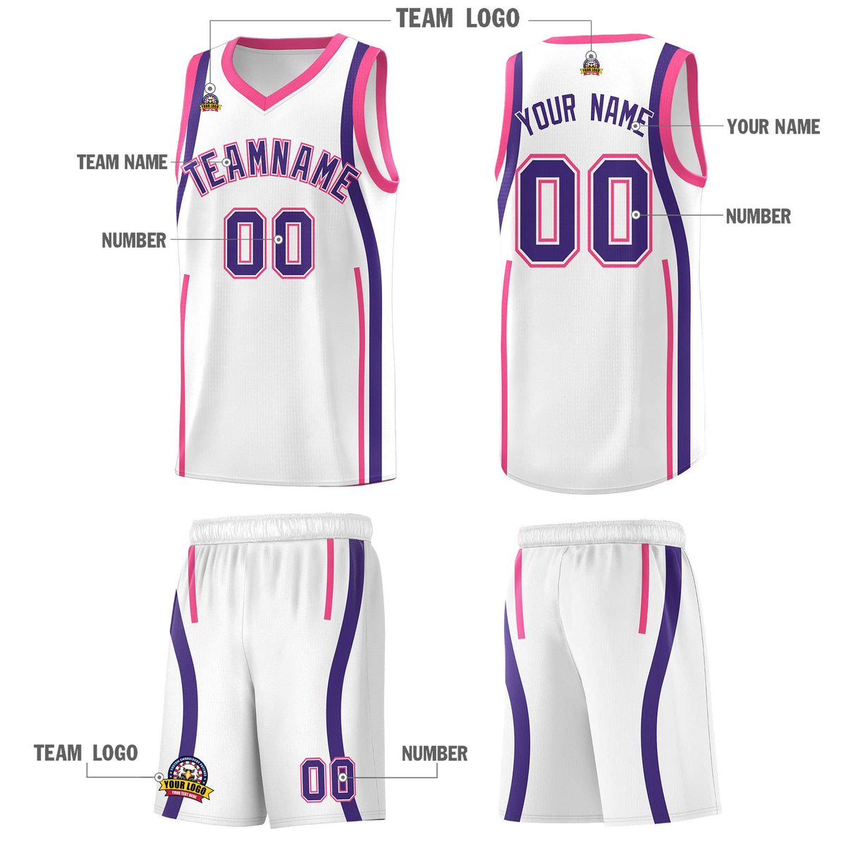 Custom White Pink-Purple Ribbon Pattern Basketball Kits