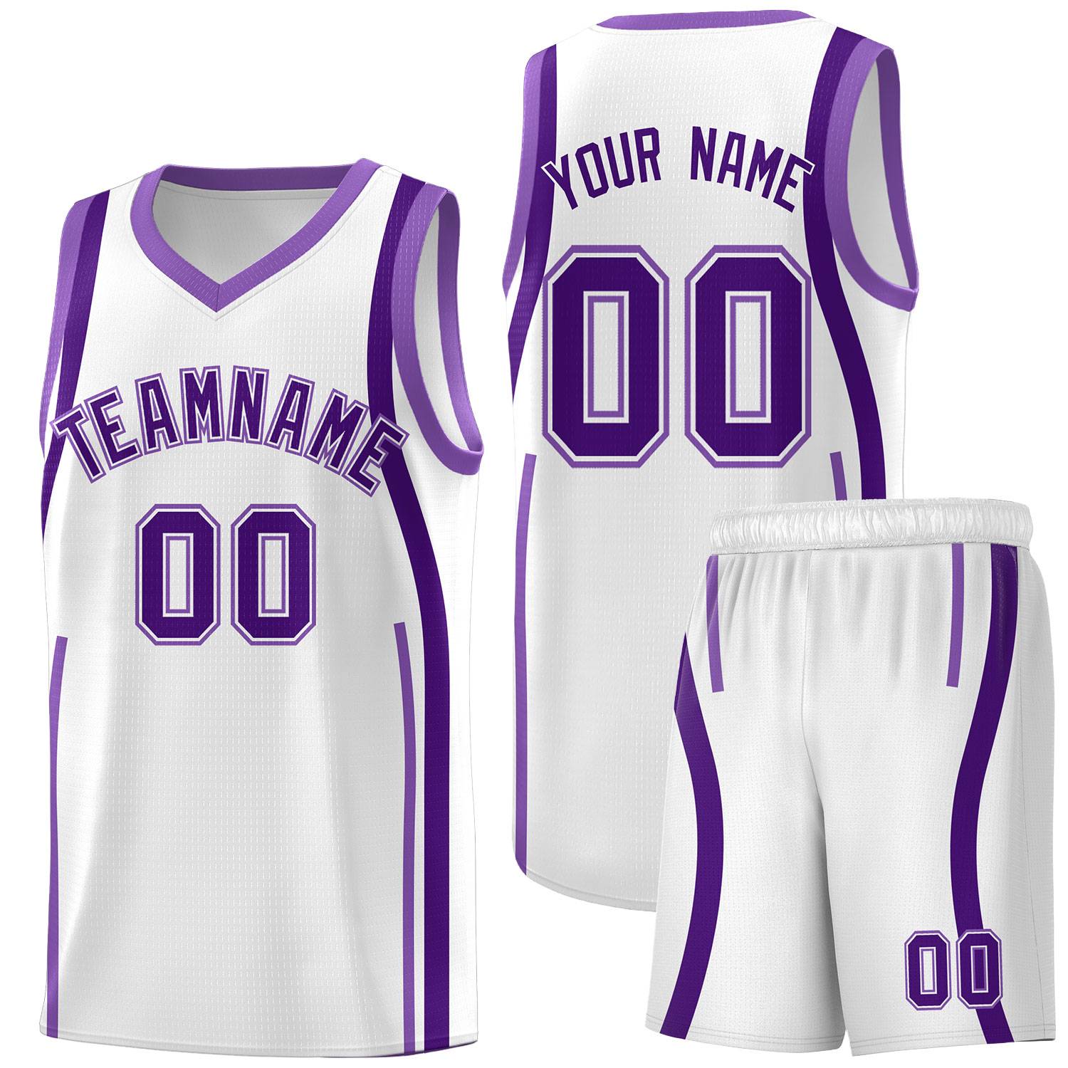 Custom White Purple-Light Purple Ribbon Pattern Basketball Kits