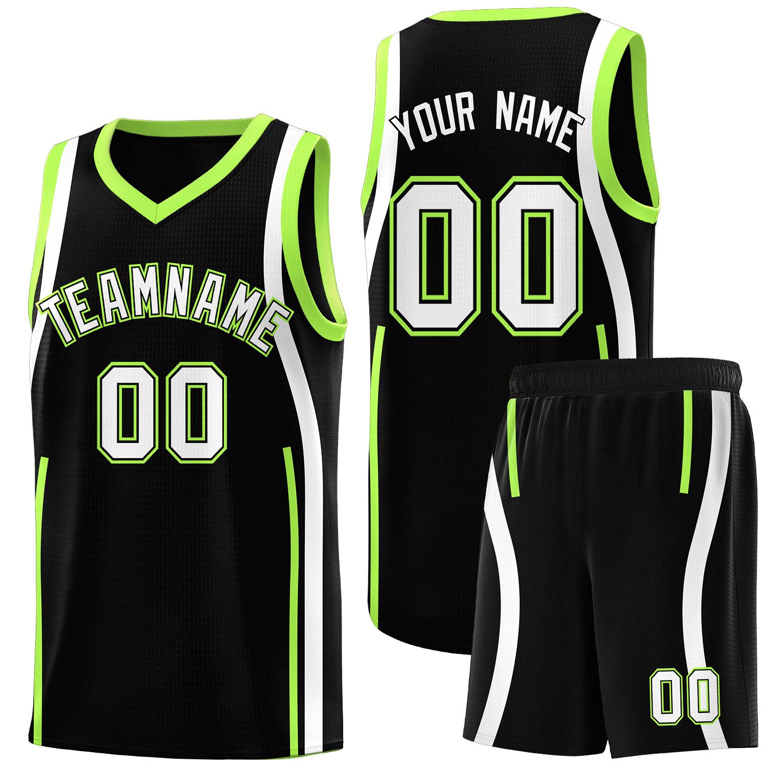 Custom Black Fluorescent Green-White Ribbon Pattern Basketball Kits