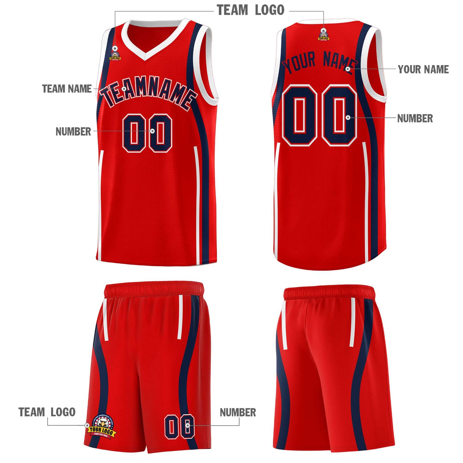 Custom Red Navy-White Ribbon Pattern Basketball Kits