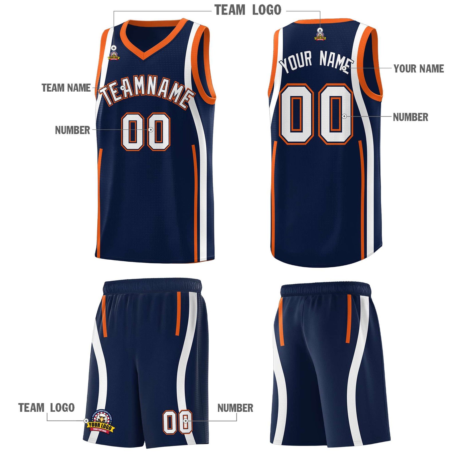 Custom Navy Orange-White Ribbon Pattern Basketball Kits