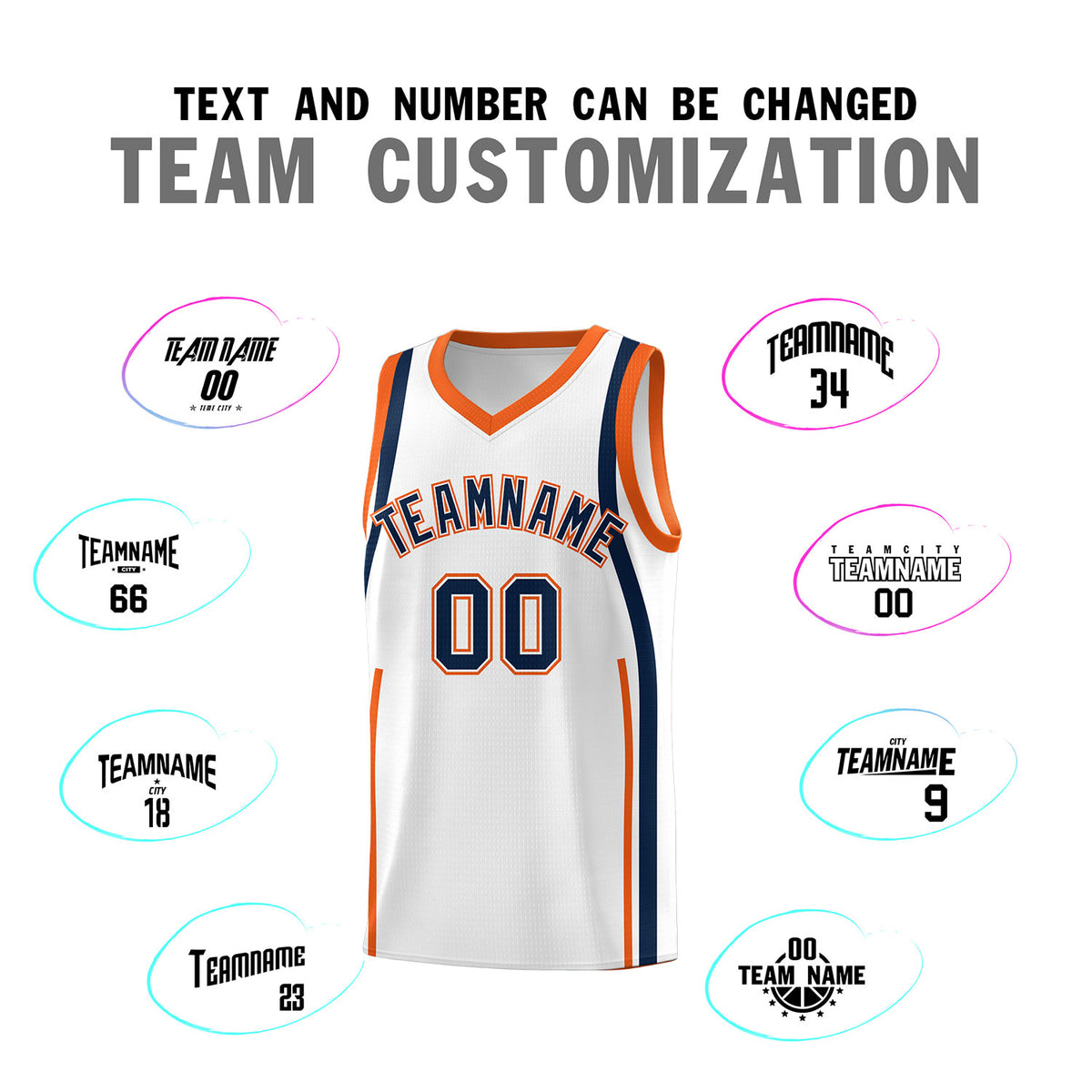 Custom White Navy-Orange Ribbon Pattern Basketball Kits