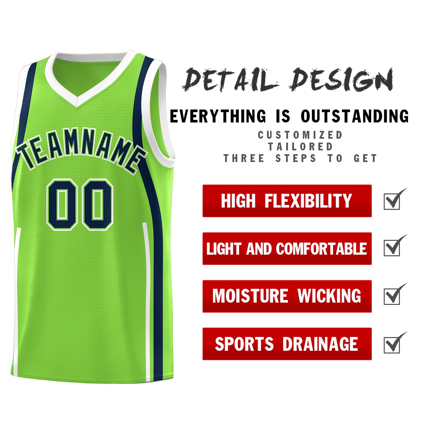 Custom Fluorescent Green Navy-White Ribbon Pattern Basketball Kits