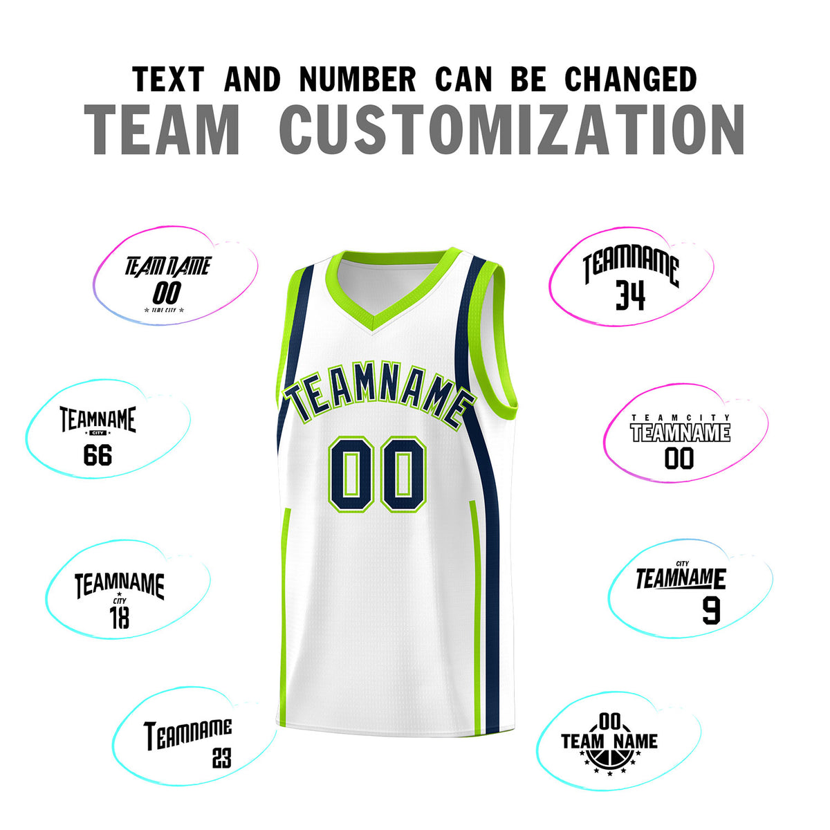 Custom White Fluorescent Green-Navy Ribbon Pattern Basketball Kits