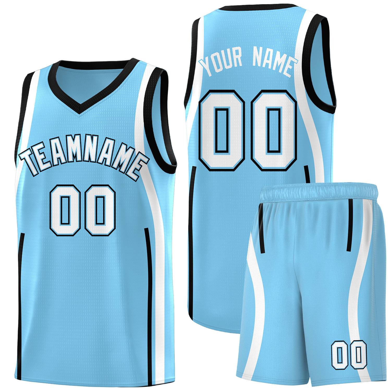 Custom Light Blue Black-White Ribbon Pattern Basketball Kits