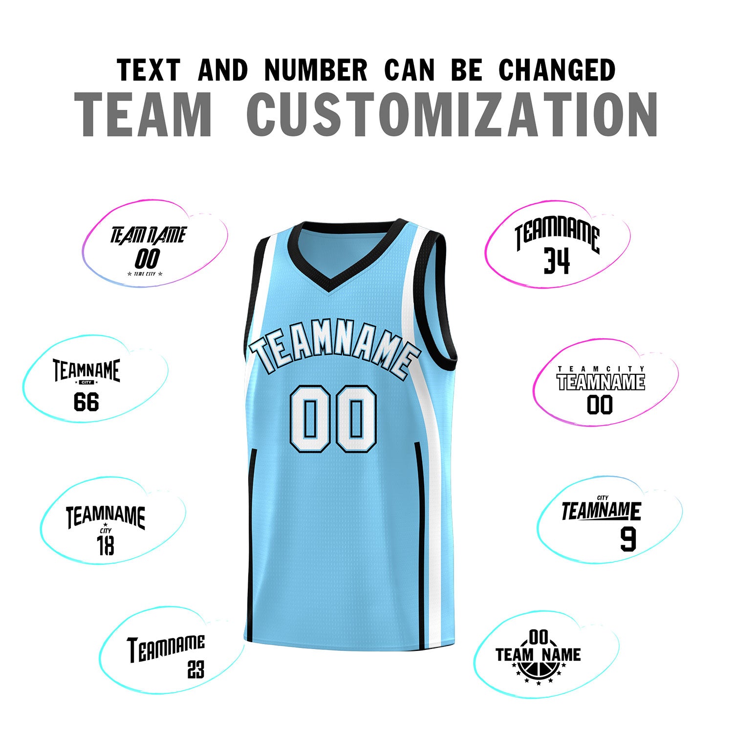 Custom Light Blue Black-White Ribbon Pattern Basketball Kits