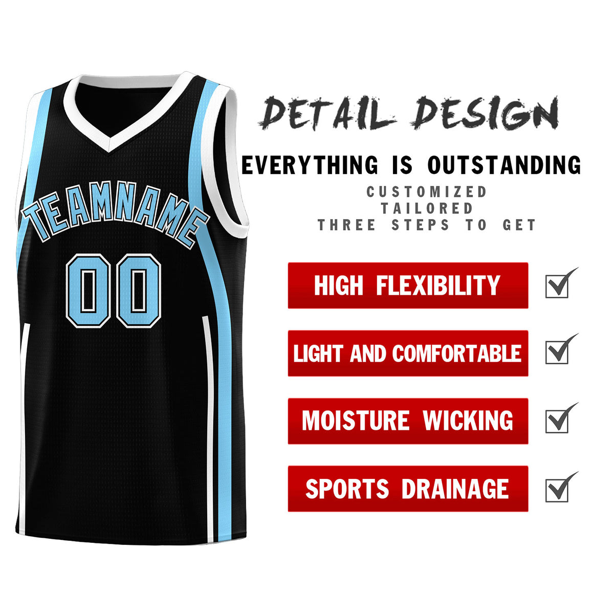 Custom Black Light Blue-White Ribbon Pattern Basketball Kits