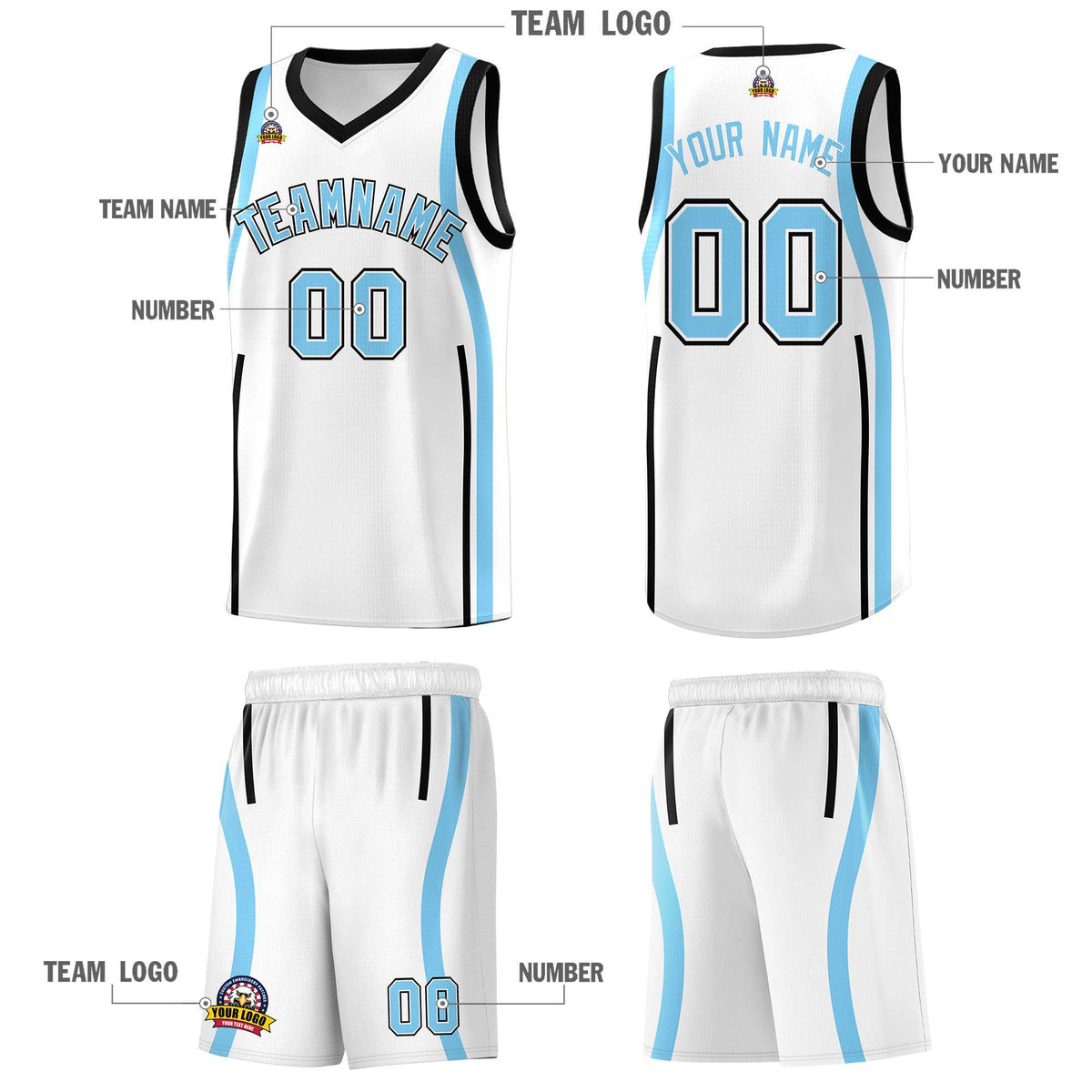 Custom White Light Blue-Black Ribbon Pattern Basketball Kits