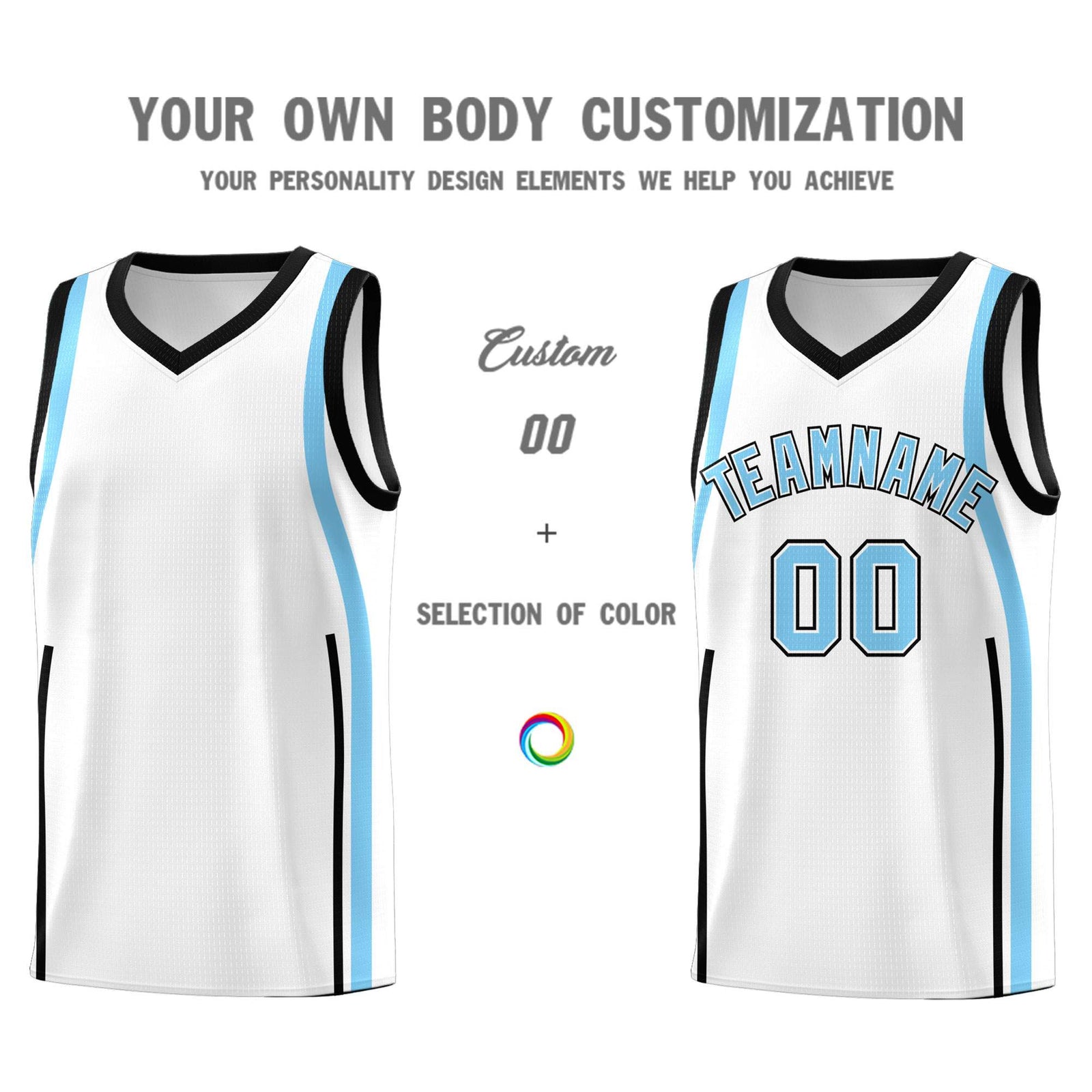 Custom White Light Blue-Black Ribbon Pattern Basketball Kits