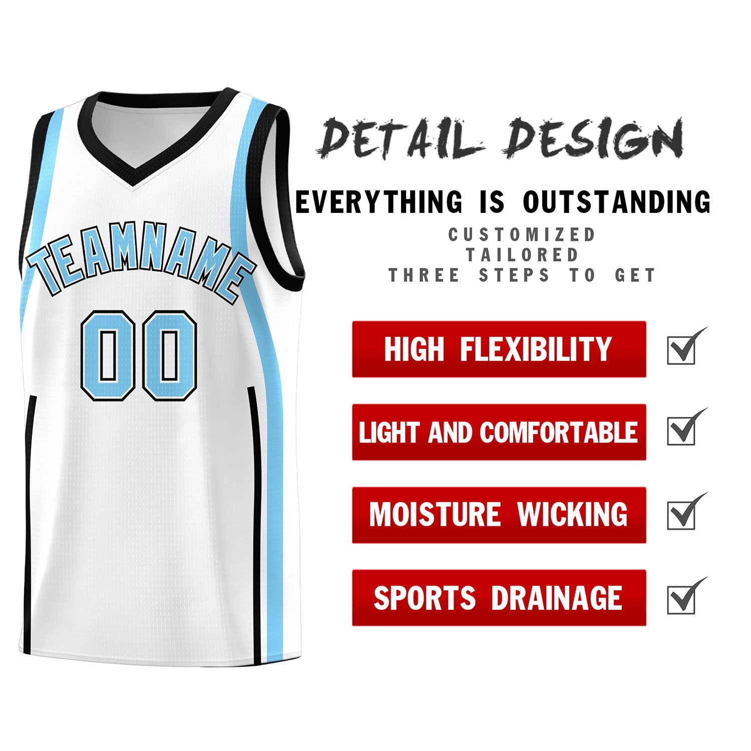 Custom White Light Blue-Black Ribbon Pattern Basketball Kits