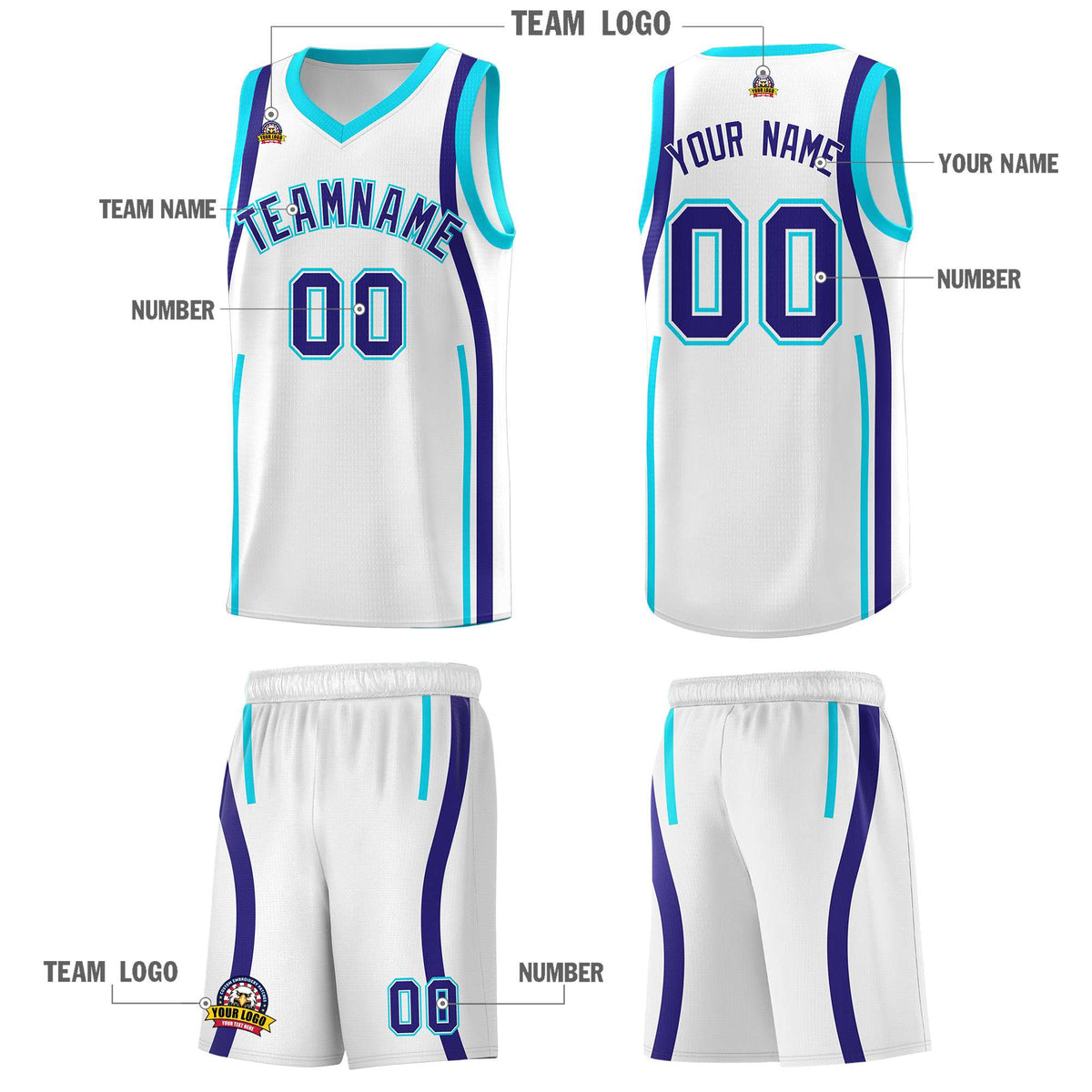Custom White Sky Blue-Royal Ribbon Pattern Basketball Kits