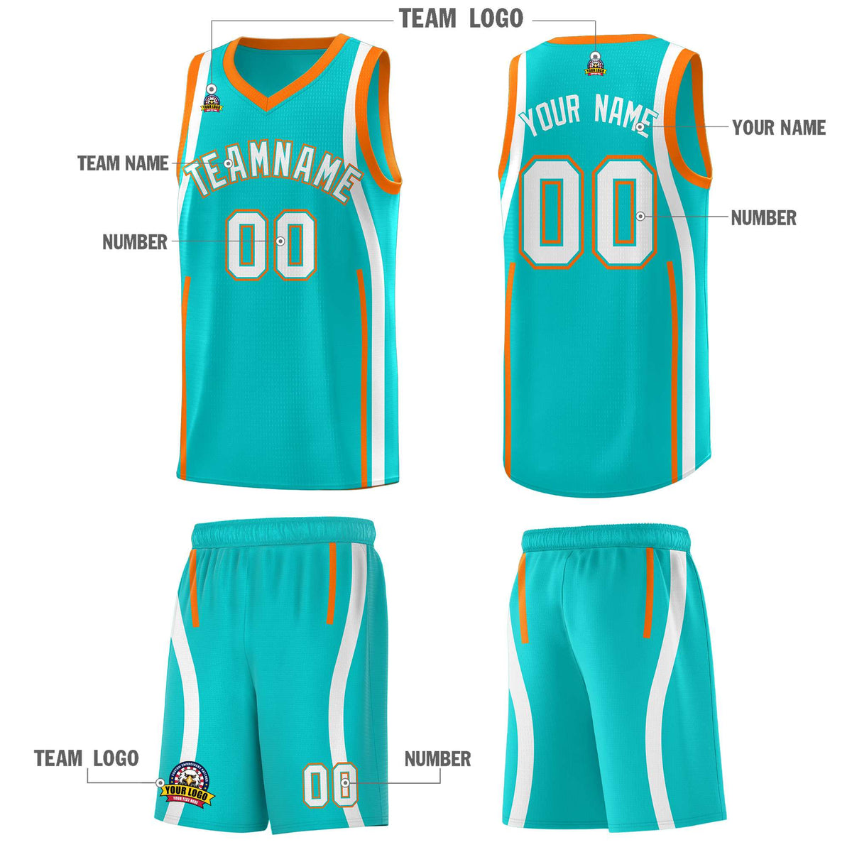 Custom Aqua Orange-White Ribbon Pattern Basketball Kits