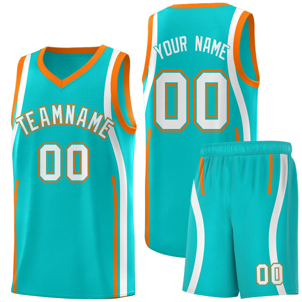 Custom Aqua Orange-White Ribbon Pattern Basketball Kits