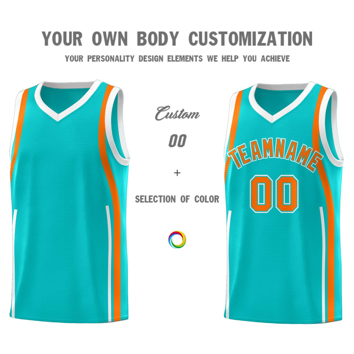 Custom Aqua Orange-White Ribbon Pattern Basketball Kits