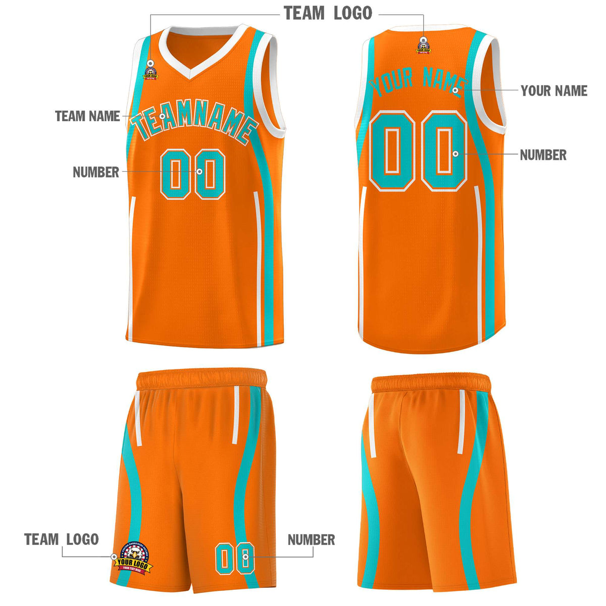 Custom Orange Aqua-White Ribbon Pattern Basketball Kits