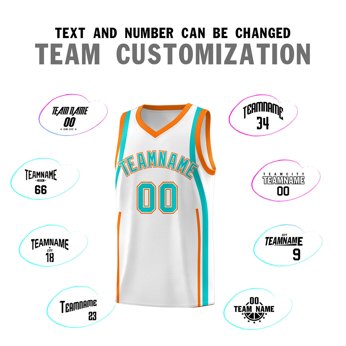 Custom White Aqua-Orange Ribbon Pattern Basketball Kits