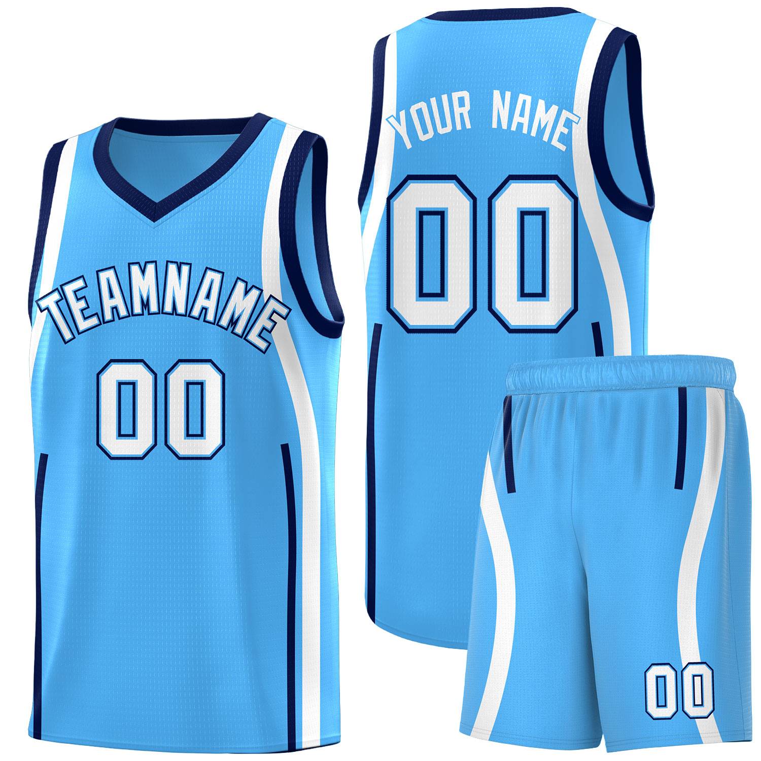 Custom Powder Blue Navy-White Ribbon Pattern Basketball Kits