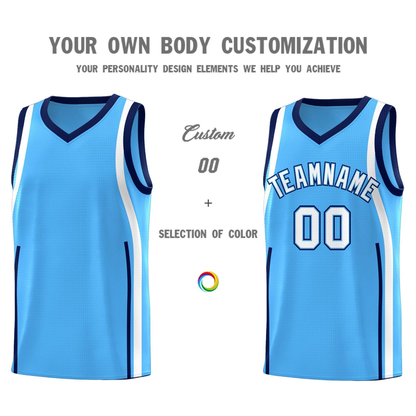Custom Powder Blue Navy-White Ribbon Pattern Basketball Kits