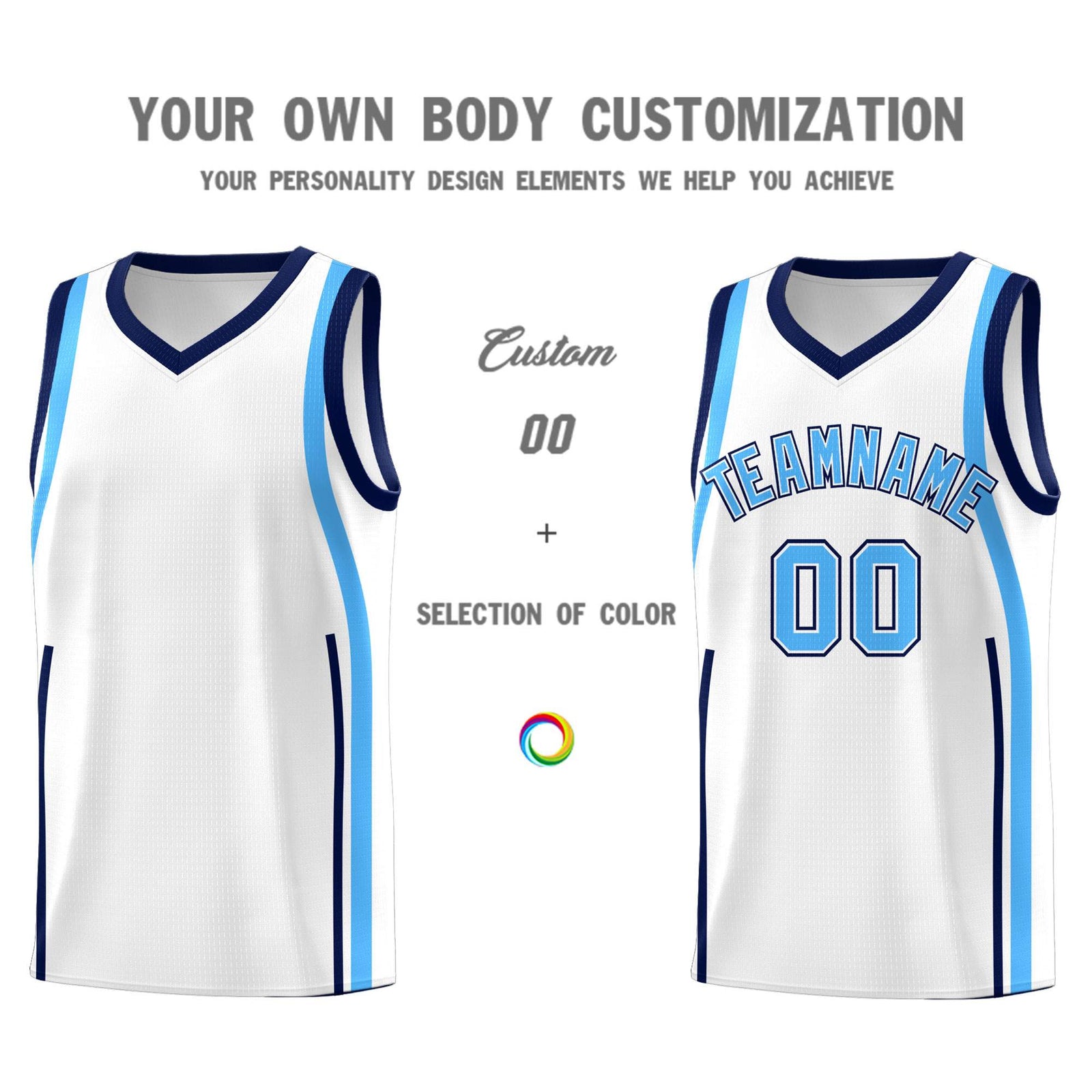 Custom White Powder Blue-Navy Ribbon Pattern Basketball Kits