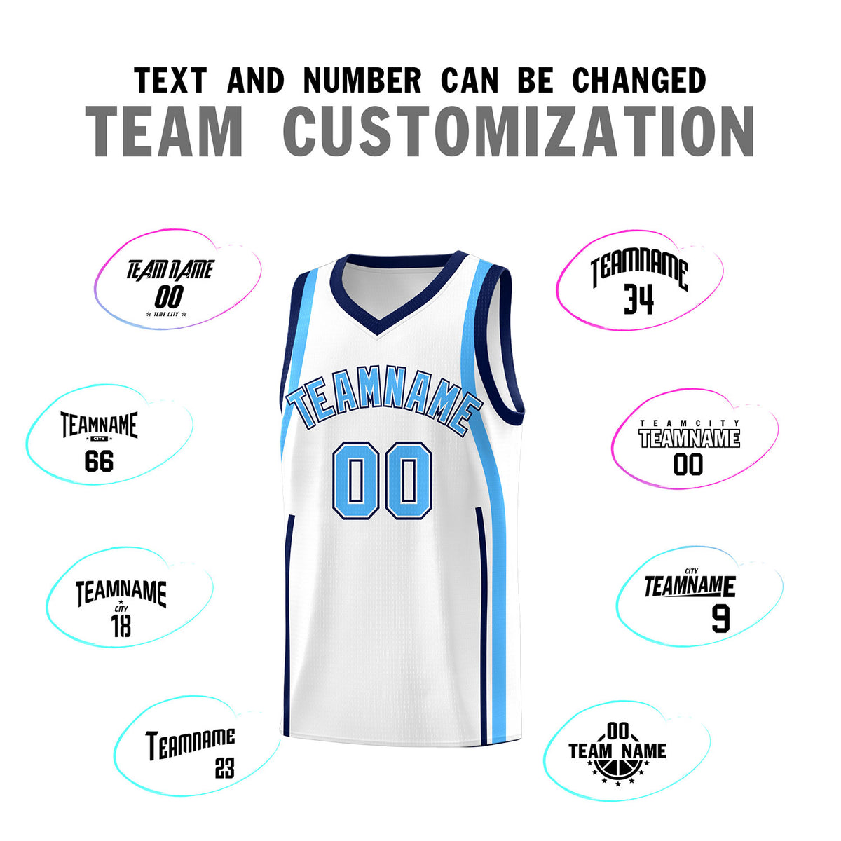 Custom White Powder Blue-Navy Ribbon Pattern Basketball Kits