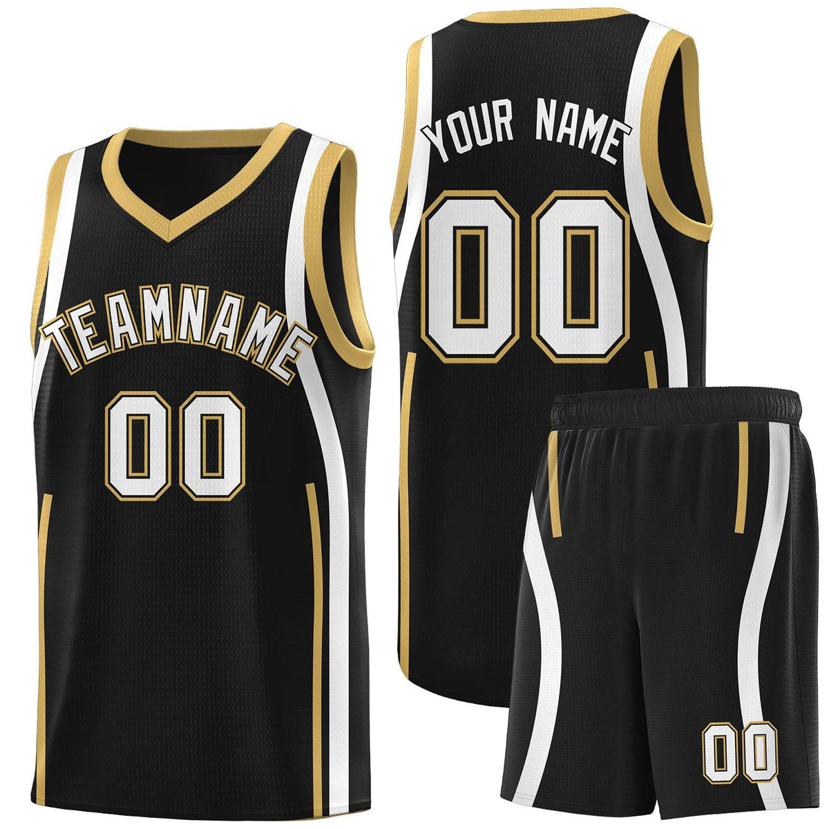 Custom Black Old Gold-White Ribbon Pattern Basketball Kits