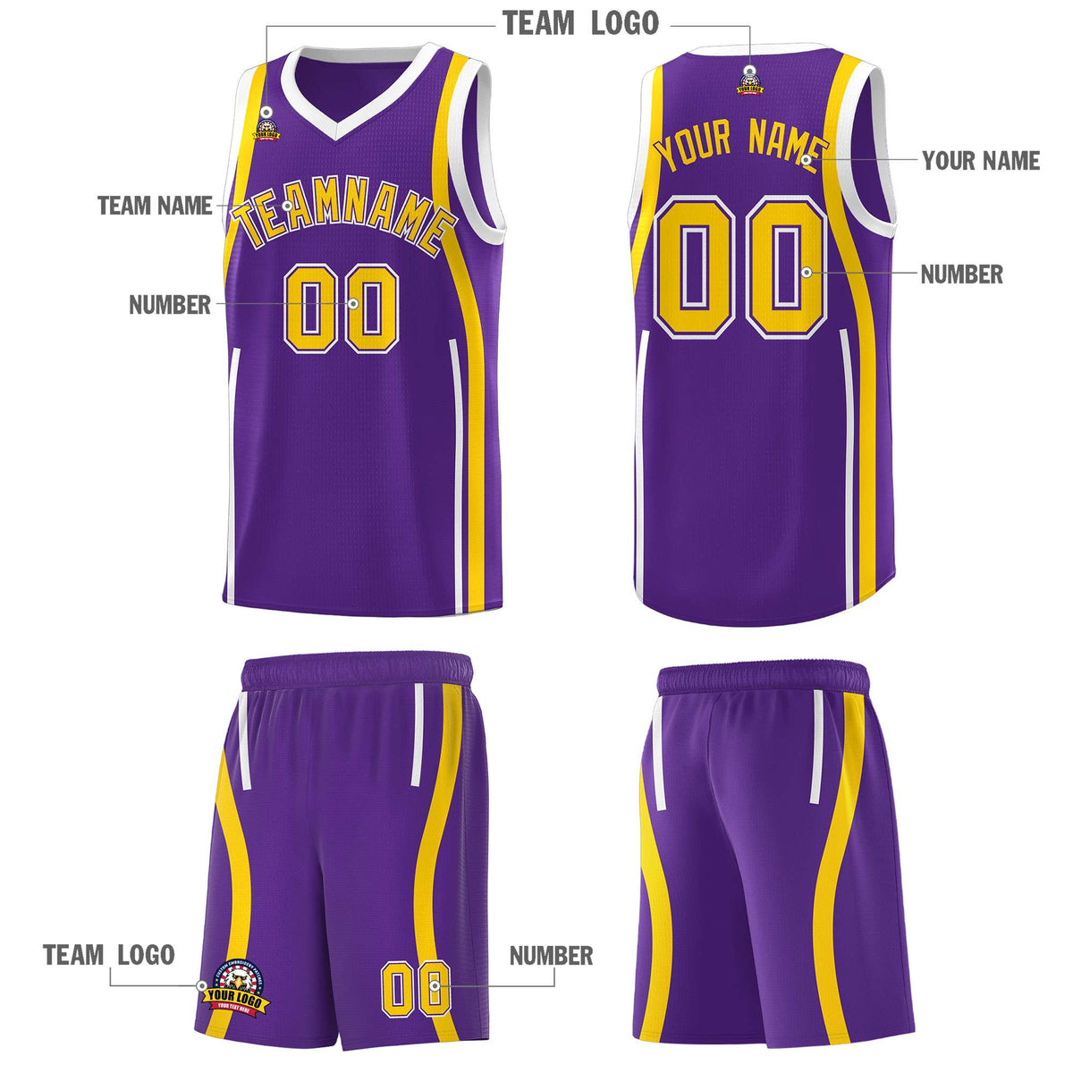 Custom Purple Gold-White Ribbon Pattern Basketball Kits