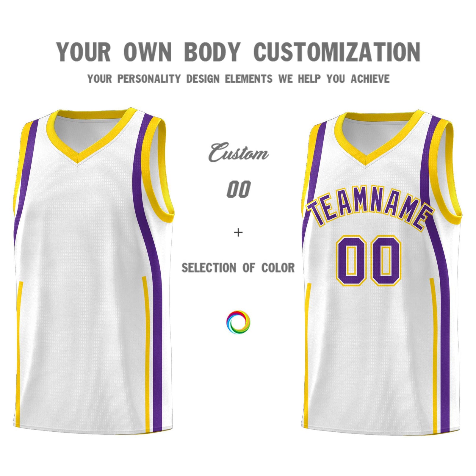 Custom White Gold-Purple Ribbon Pattern Basketball Kits