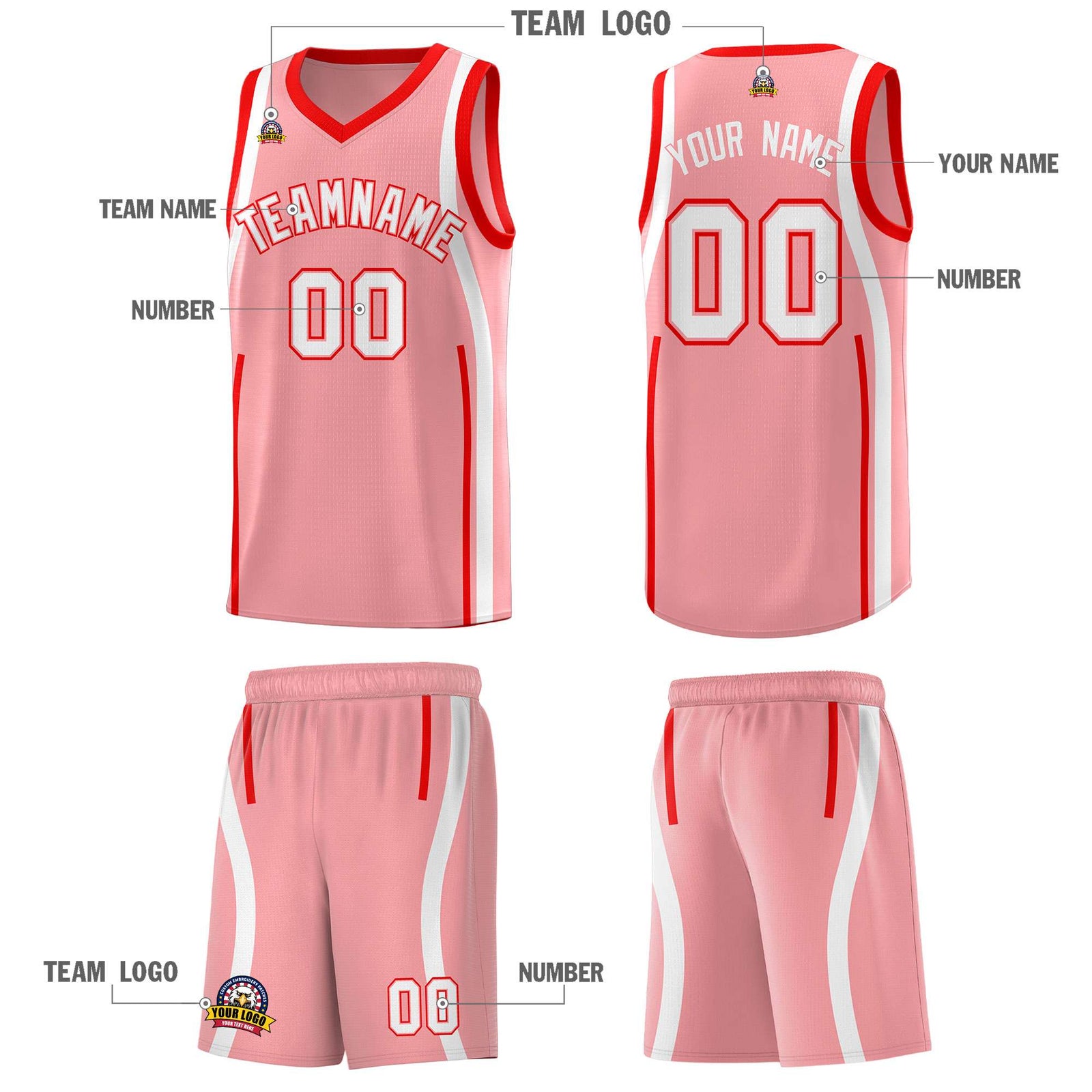 Custom Light Pink Light Red-White Ribbon Pattern Basketball Kits