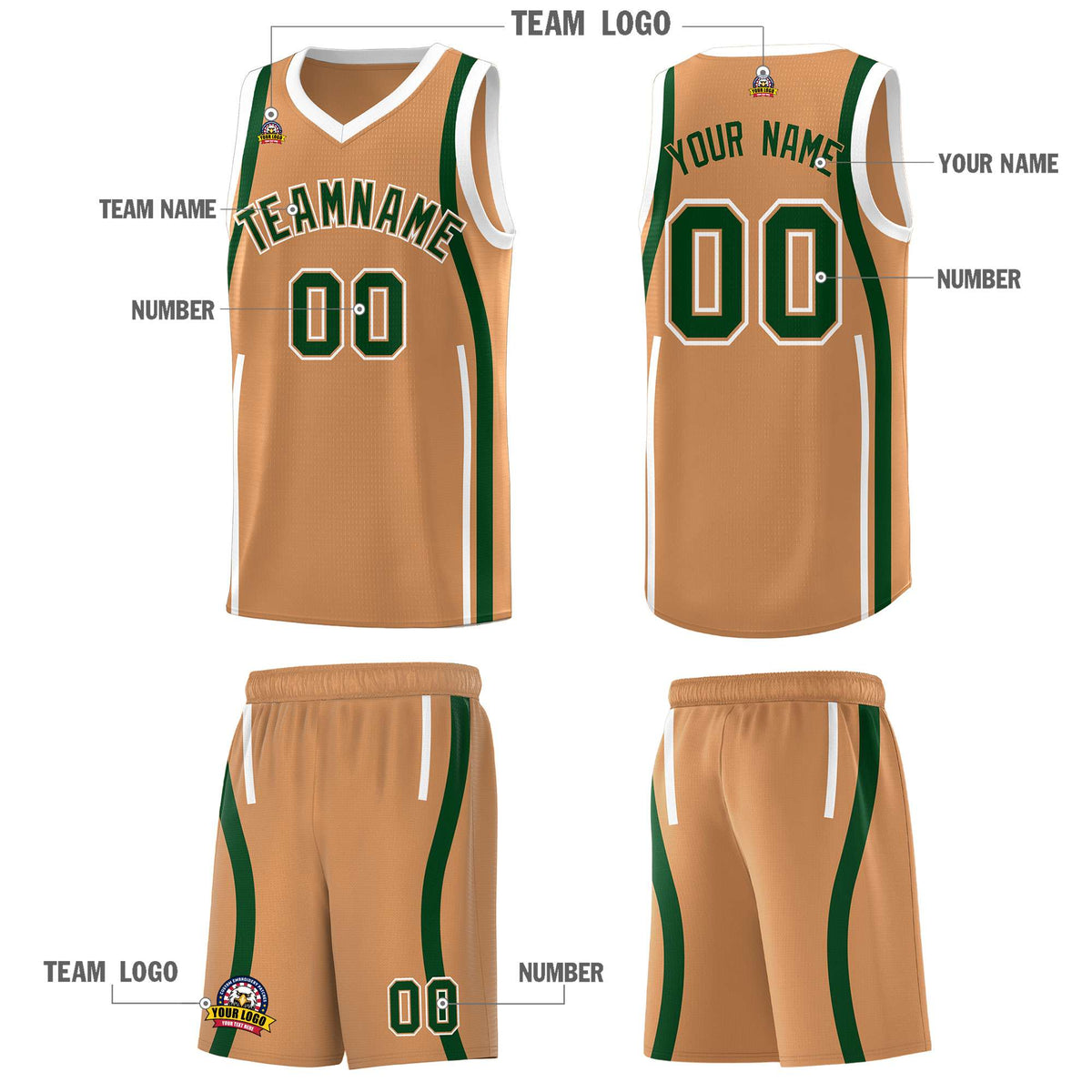 Custom Buckskin Brown Green-White Ribbon Pattern Basketball Kits