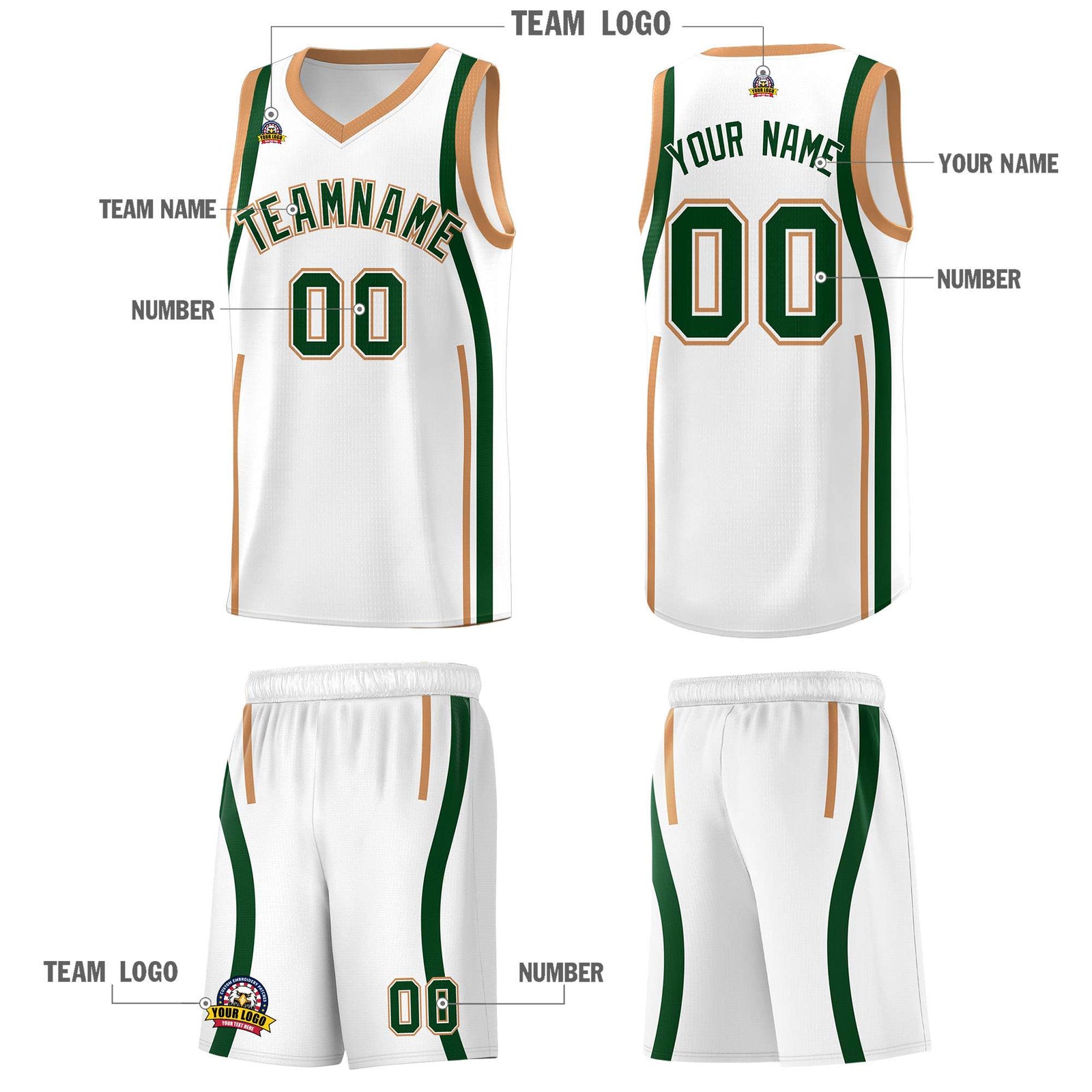 Custom White Green-Buckskin Brown Ribbon Pattern Basketball Kits