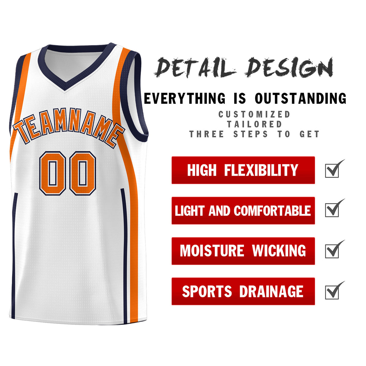 Custom White Navy-Orange Ribbon Pattern Basketball Kits