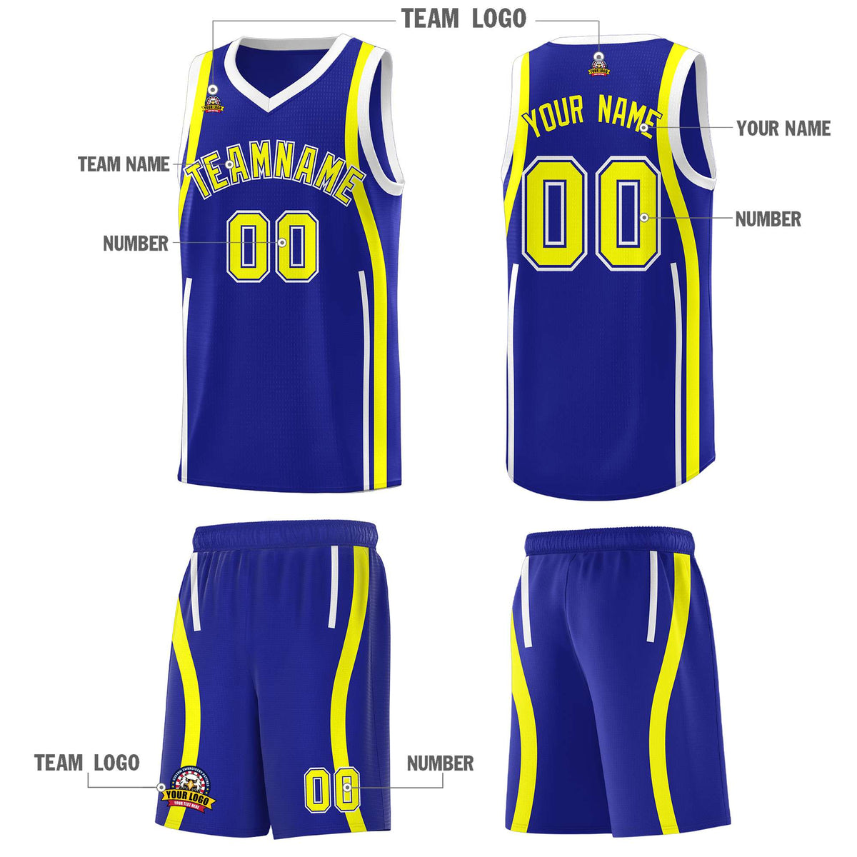 Custom Royal Fluorescent Yellow-White Ribbon Pattern Basketball Kits