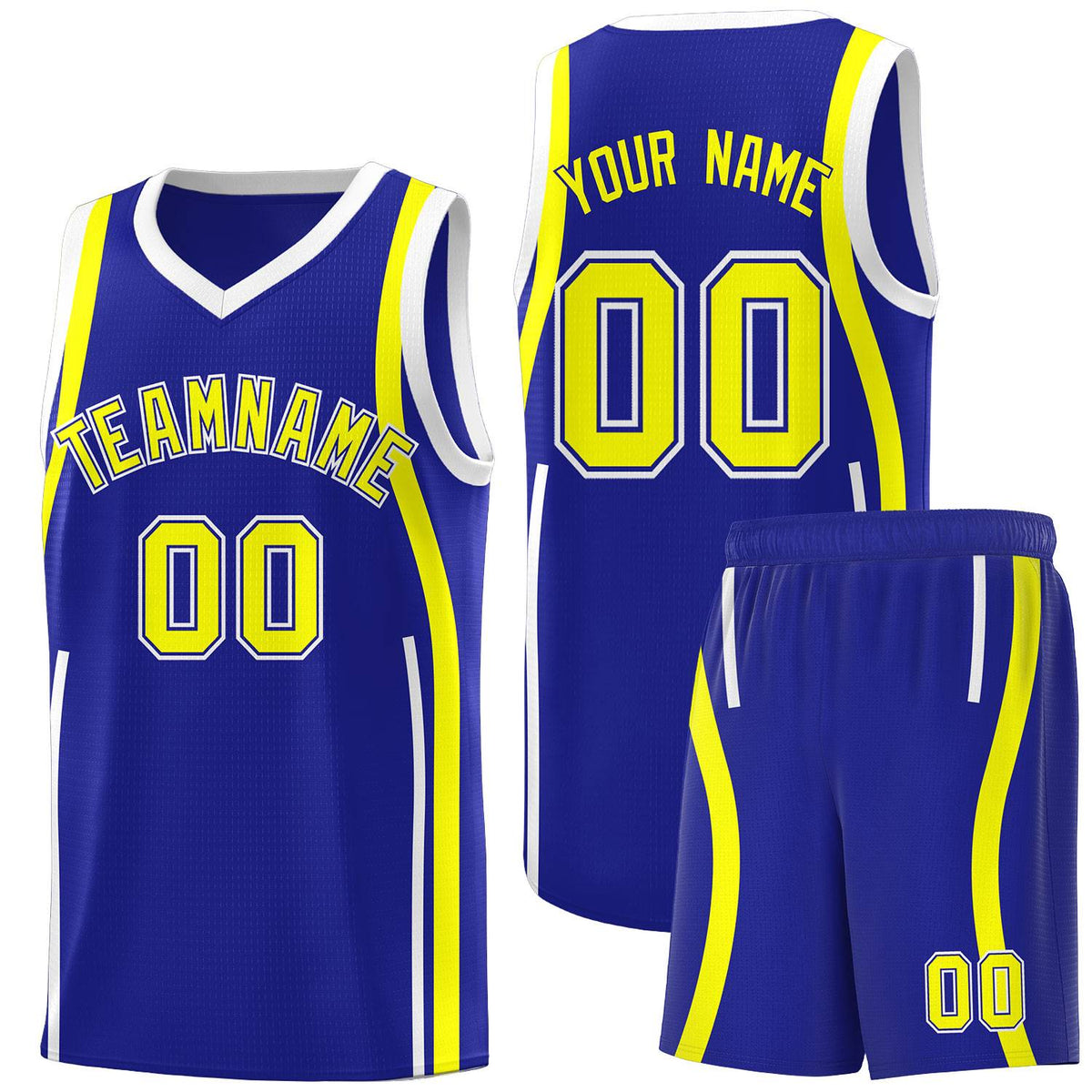 Custom Royal Fluorescent Yellow-White Ribbon Pattern Basketball Kits