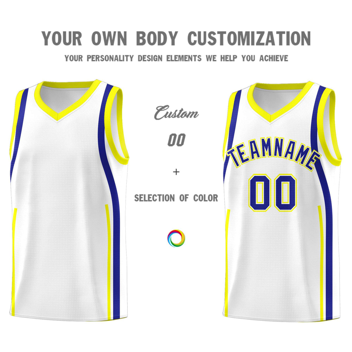 Custom White Royal-Fluorescent Yellow Ribbon Pattern Basketball Kits