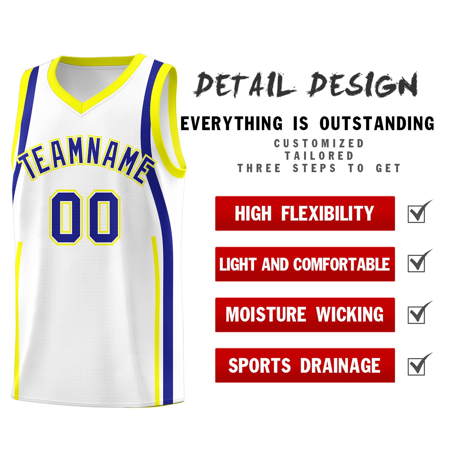 Custom White Royal-Fluorescent Yellow Ribbon Pattern Basketball Kits