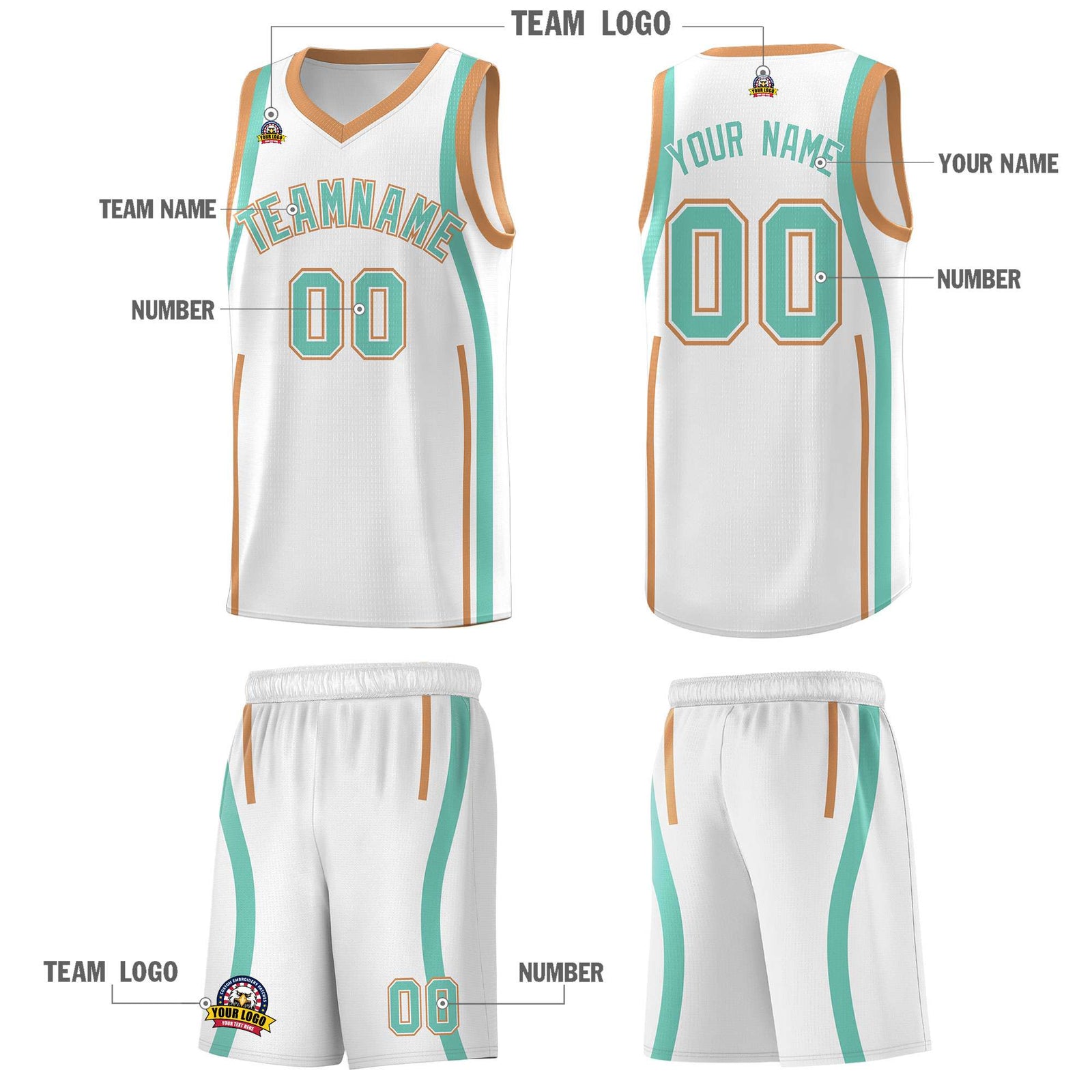 Custom White Bright Green-Buckskin Brown Ribbon Pattern Basketball Kits