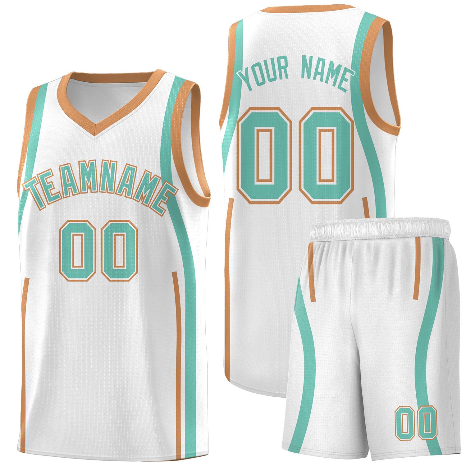 Custom White Bright Green-Buckskin Brown Ribbon Pattern Basketball Kits