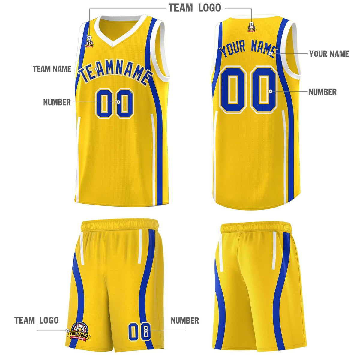 Custom Gold Royal-White Ribbon Pattern Basketball Kits