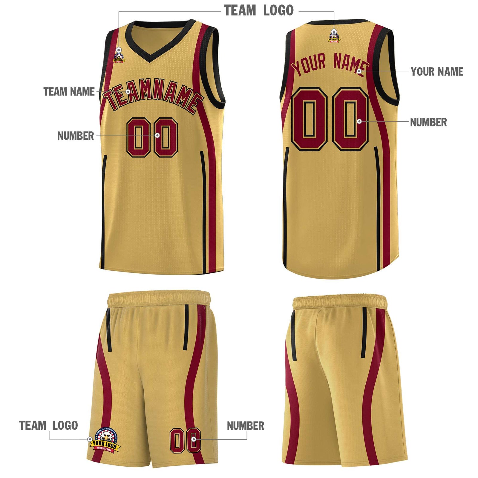Custom Old Gold Crimson-Black Ribbon Pattern Basketball Kits