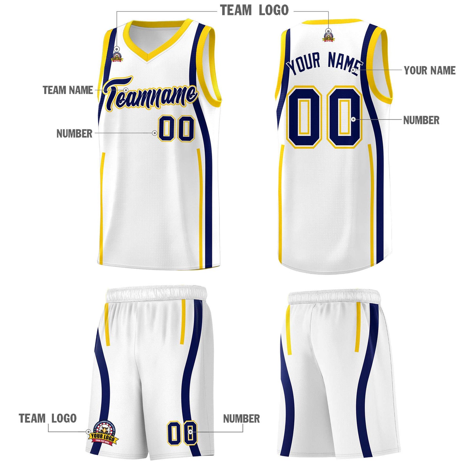 Custom White Navy-Gold Ribbon Pattern Basketball Kits