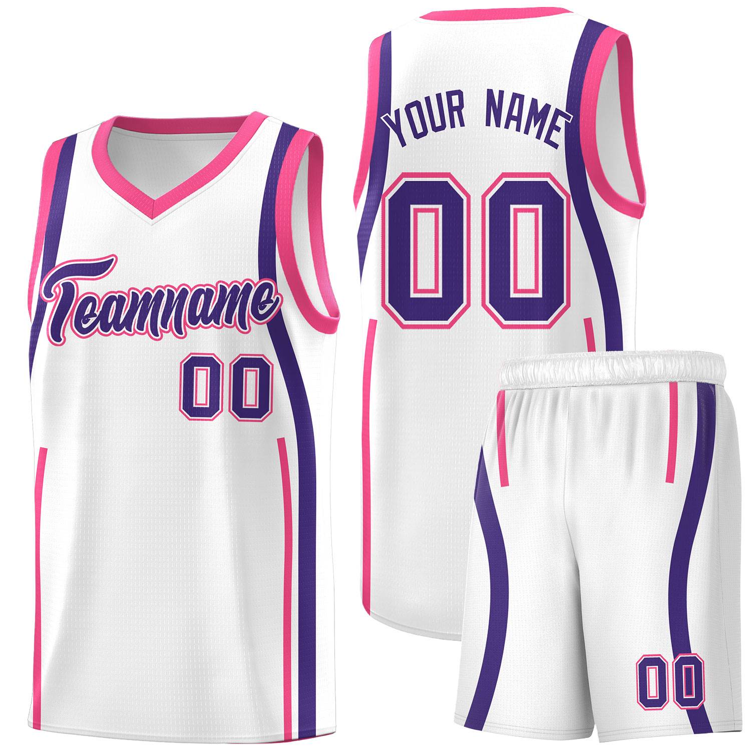 Custom White Pink-Purple Ribbon Pattern Basketball Kits
