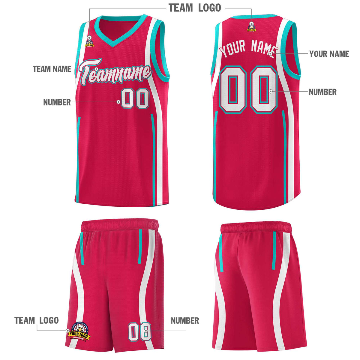Custom Red Aqua-White Ribbon Pattern Basketball Kits