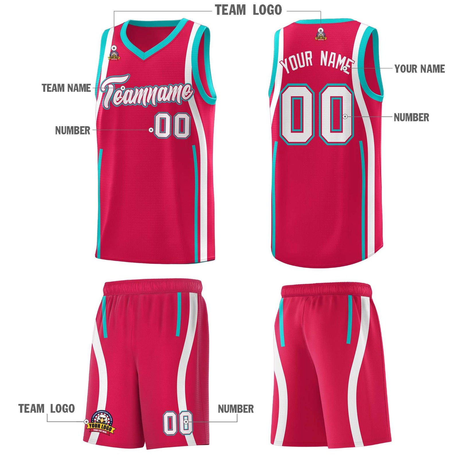 Custom Red Aqua-White Ribbon Pattern Basketball Kits