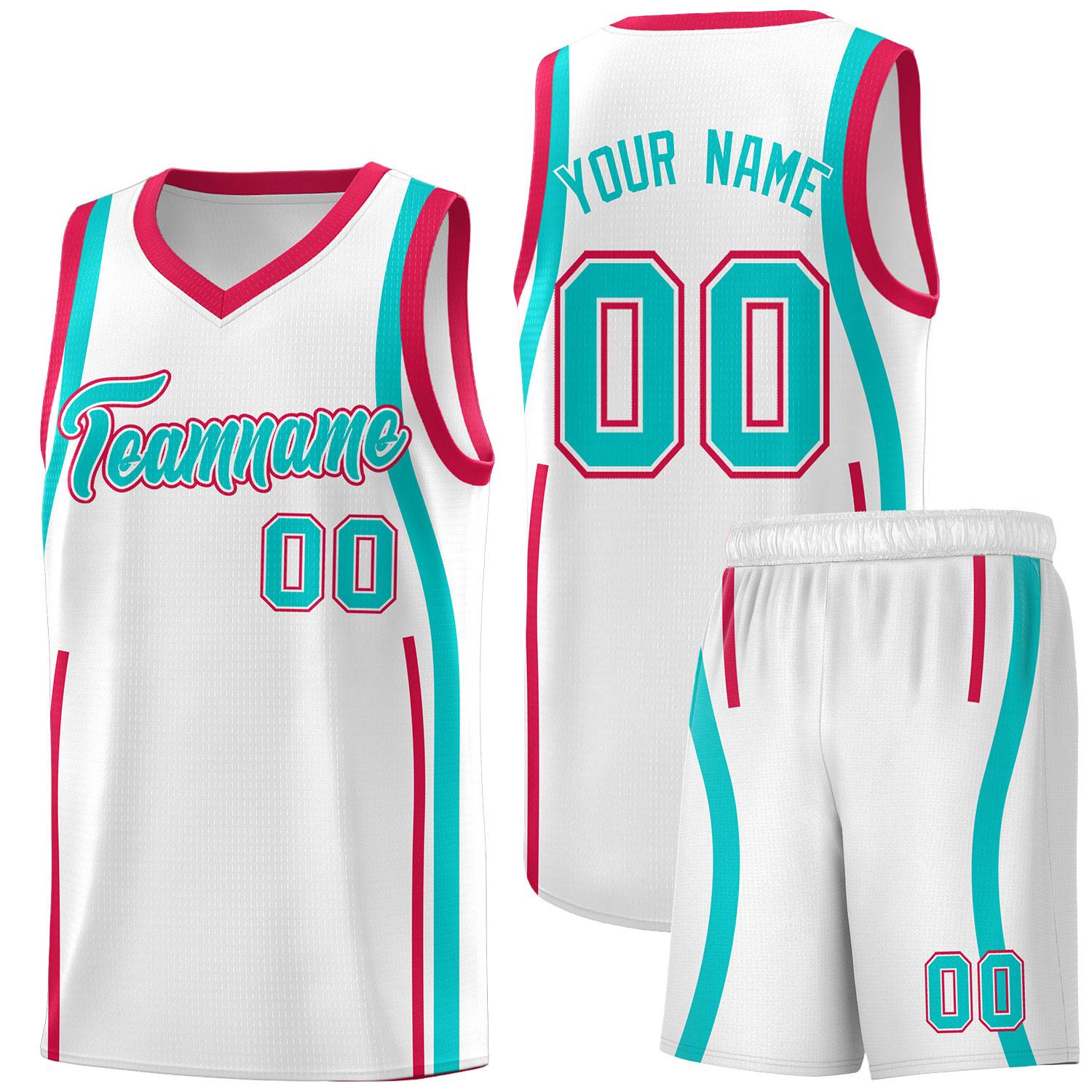 Custom White Aqua-Red Ribbon Pattern Basketball Kits