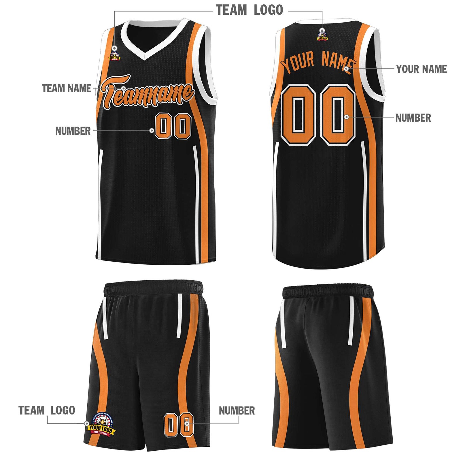 Custom Black Gold Orange-White Ribbon Pattern Basketball Kits