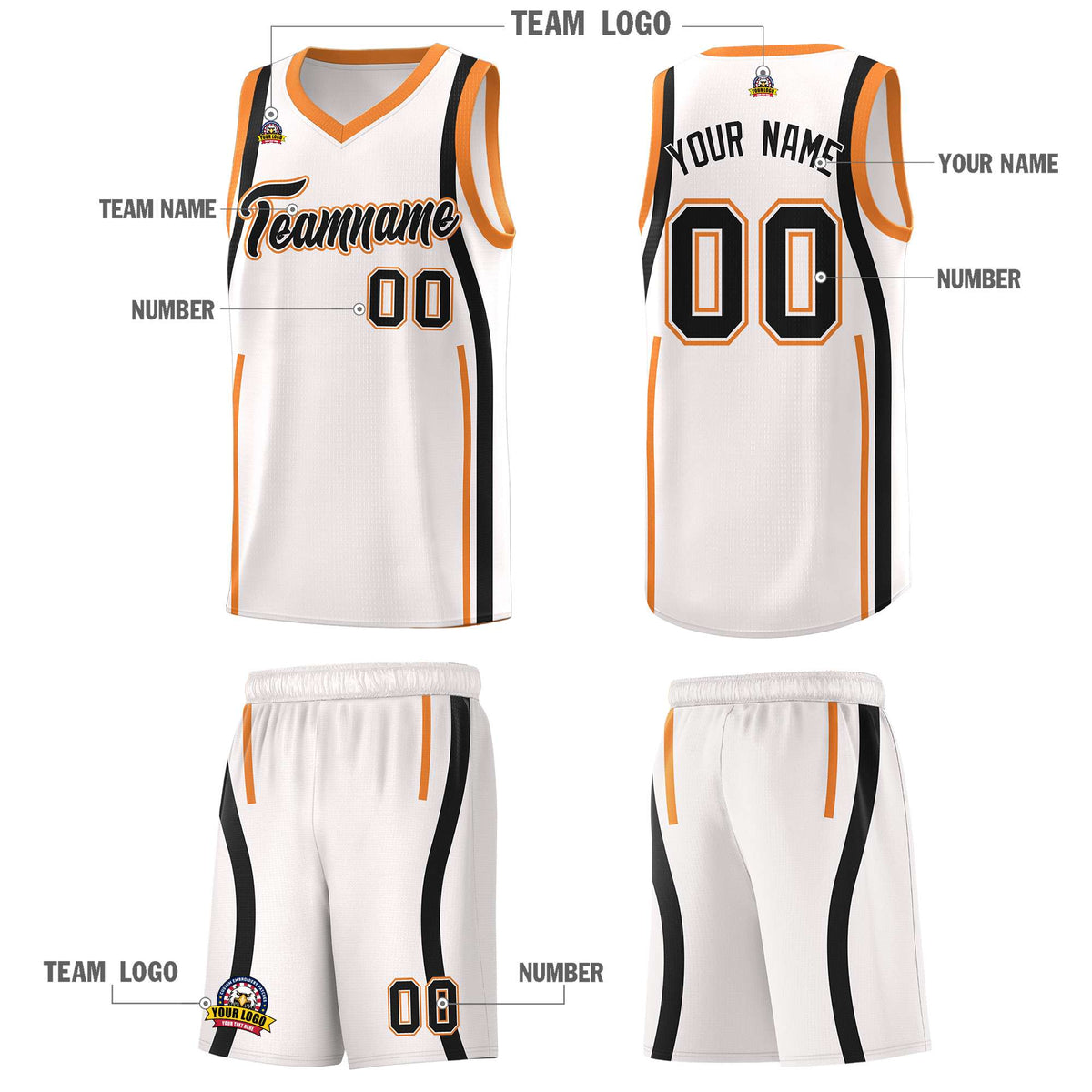Custom White Gold Orange-Black Ribbon Pattern Basketball Kits