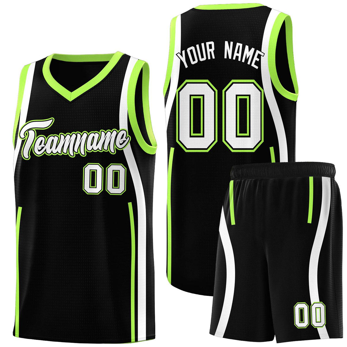 Custom Black Fluorescent Green-White Ribbon Pattern Basketball Kits