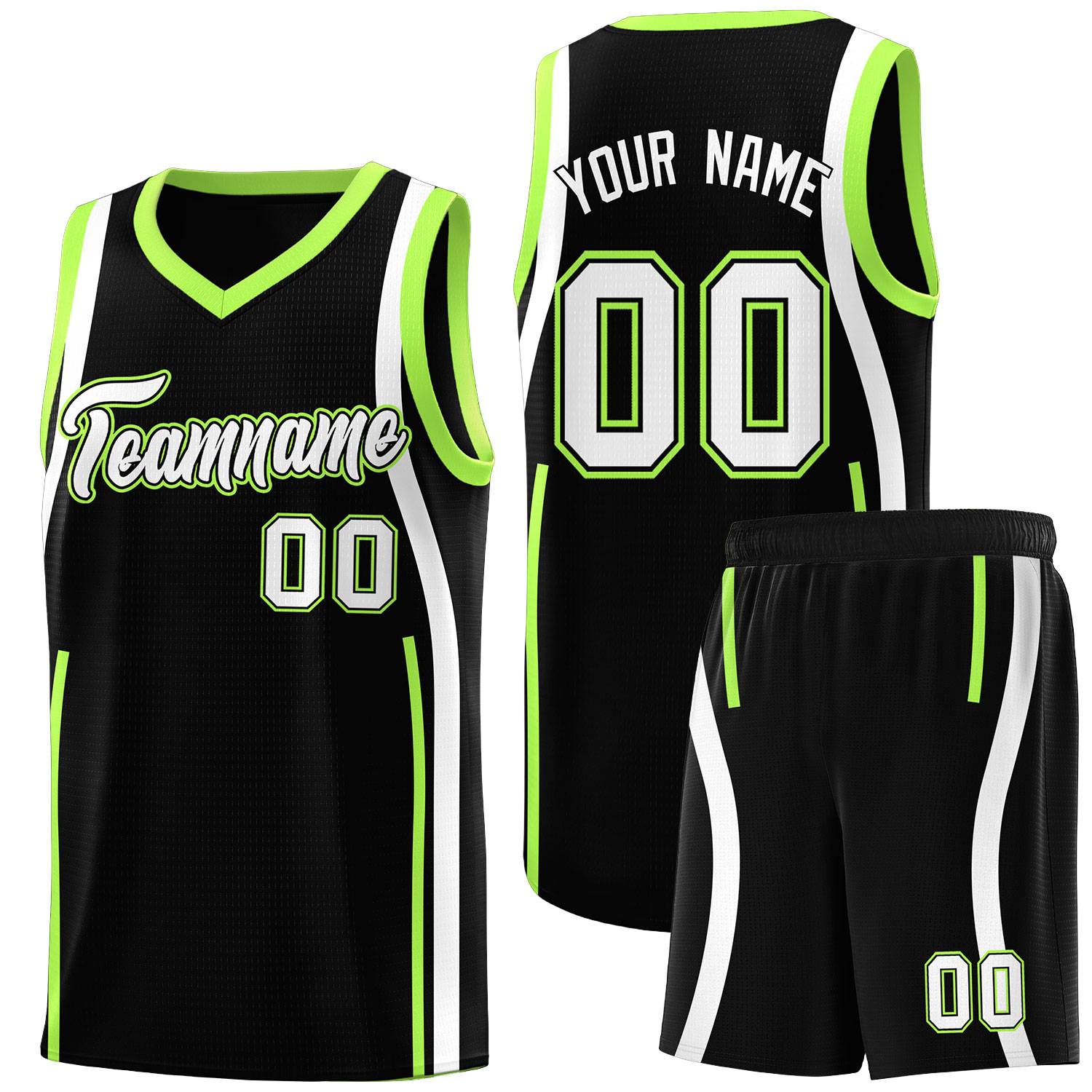 Custom Black Fluorescent Green-White Ribbon Pattern Basketball Kits