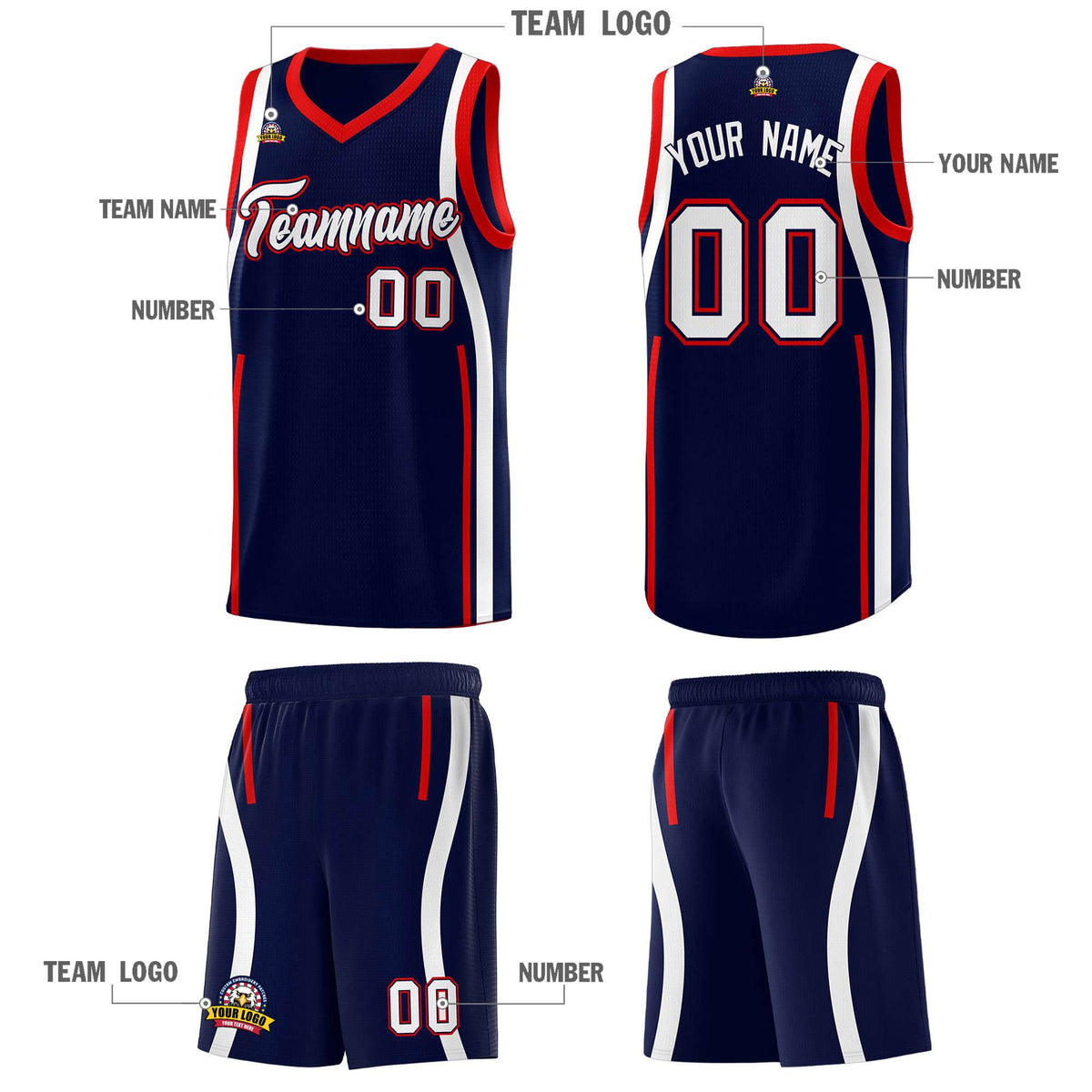Custom Navy Red-White Ribbon Pattern Basketball Kits